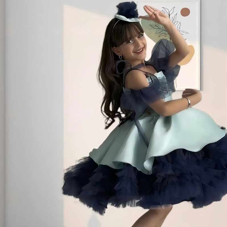 D008 blue and navy girls princess dress side view