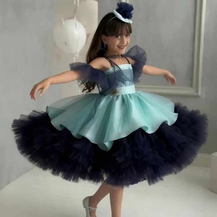 D008 blue and navy girls princess dress twirl view