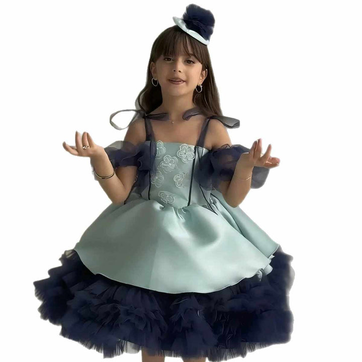 D008 blue and navy floral satin tulle girls princess dress