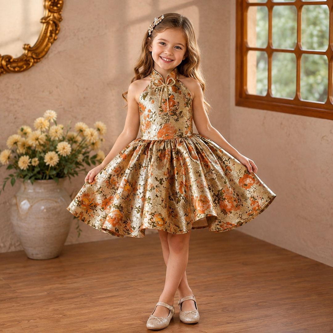 Orange floral halter short flower girl dress D095 model front