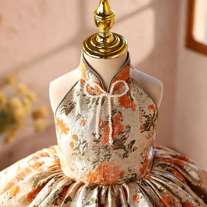 Orange floral halter short flower girl dress D095 side view