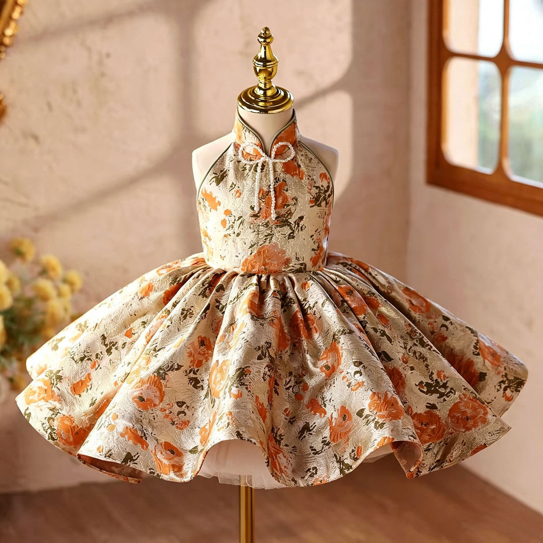 Orange floral halter short flower girl dress D095 skirt detail