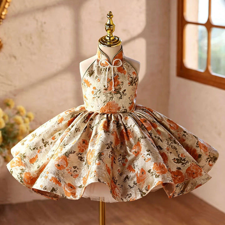 Orange floral halter short flower girl dress D095 skirt detail