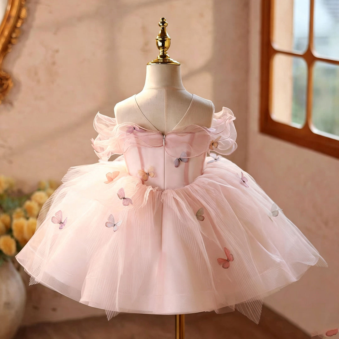 Pink butterfly applique short flower girl dress D126 back detail