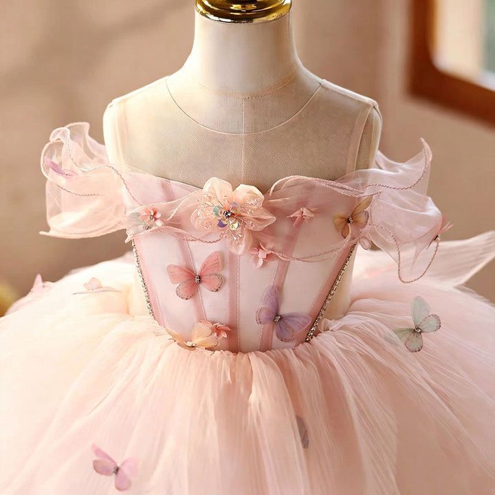 Pink butterfly applique short flower girl dress D126 full skirt detail