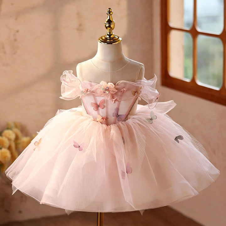Pink butterfly applique short flower girl dress D126 bodice front