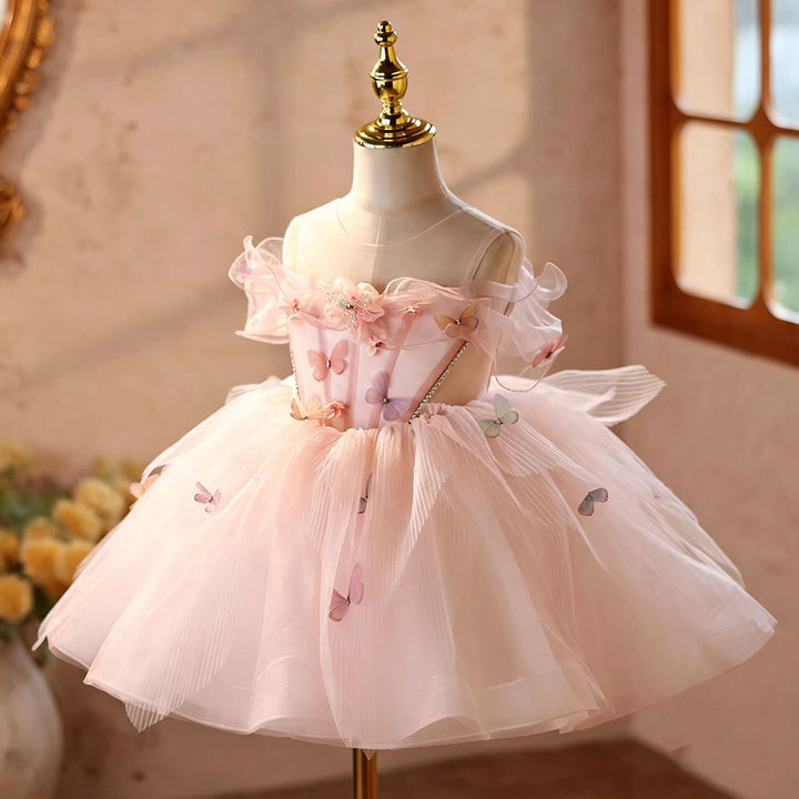 Pink butterfly applique short flower girl dress D126 model pose
