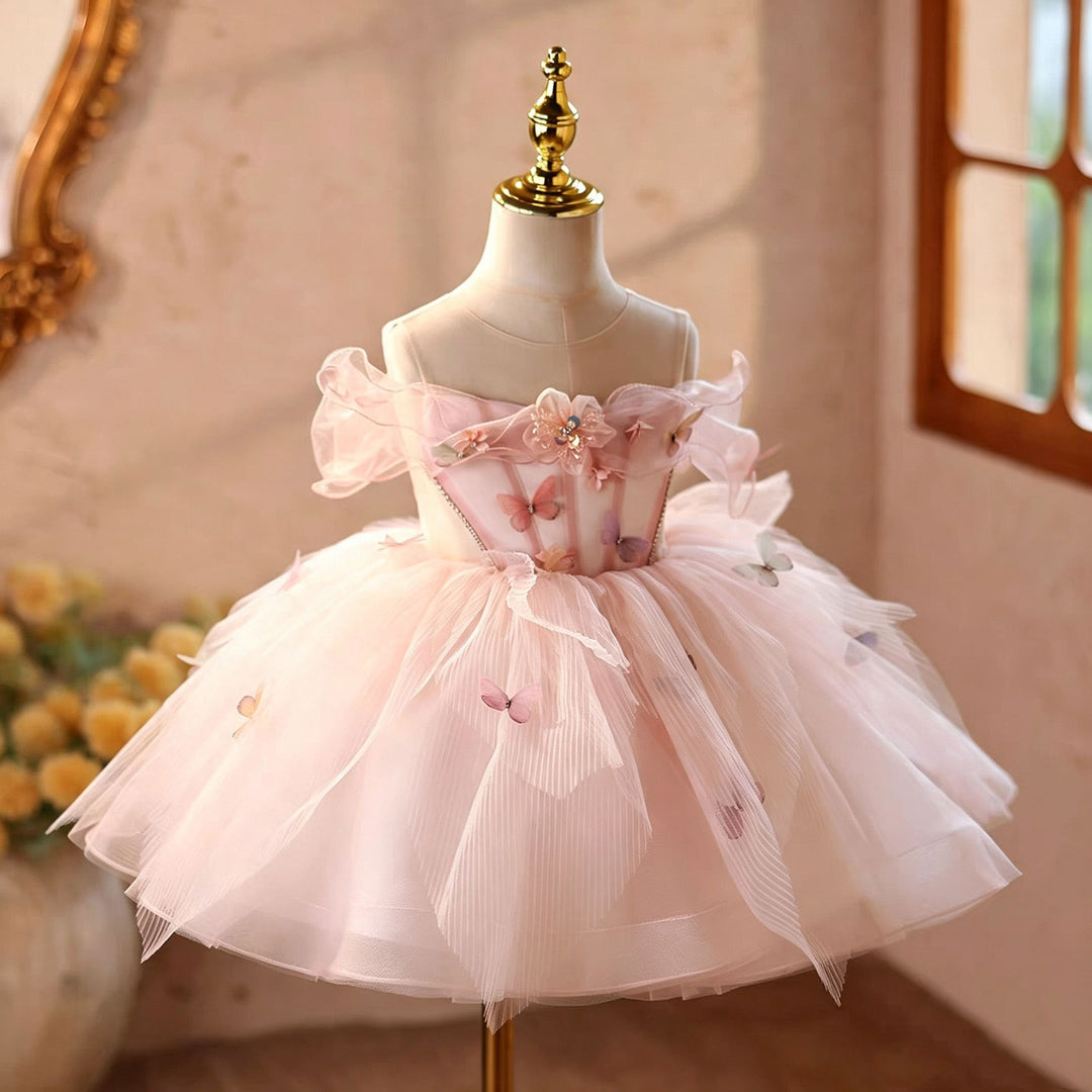 Pink butterfly applique short flower girl dress D126 side view