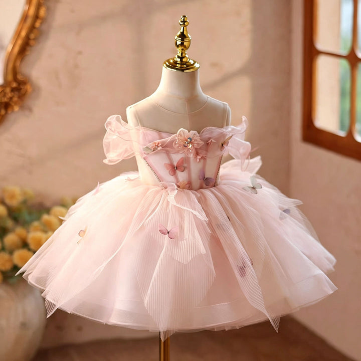 Pink butterfly applique short flower girl dress D126 side view