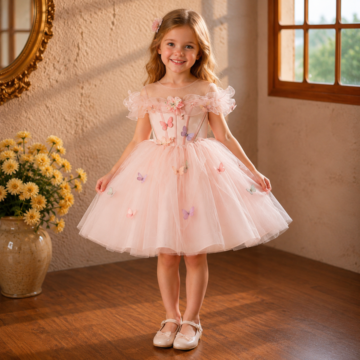 Pink butterfly applique short flower girl dress D126 front view