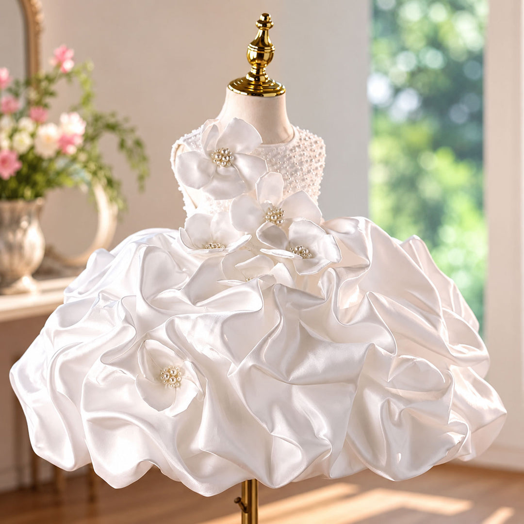 D294 white sculpted ruffle flower girl dress back