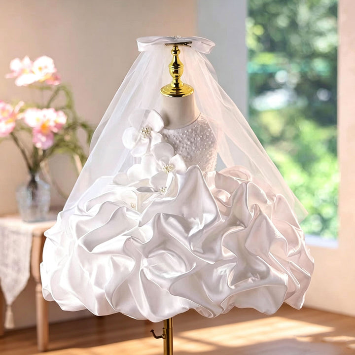 D294 white 3D floral ruffle flower girl dress full view