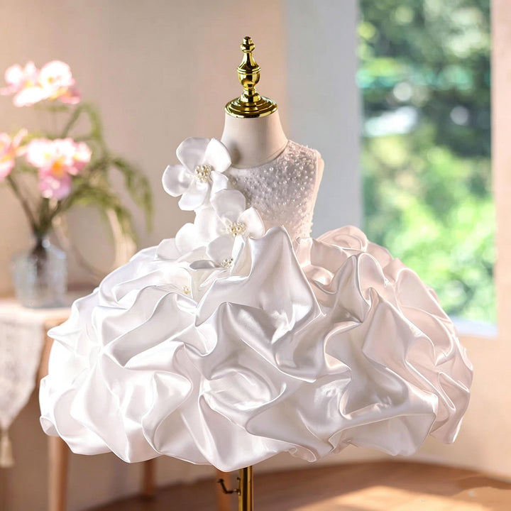 D294 white satin princess flower girl dress