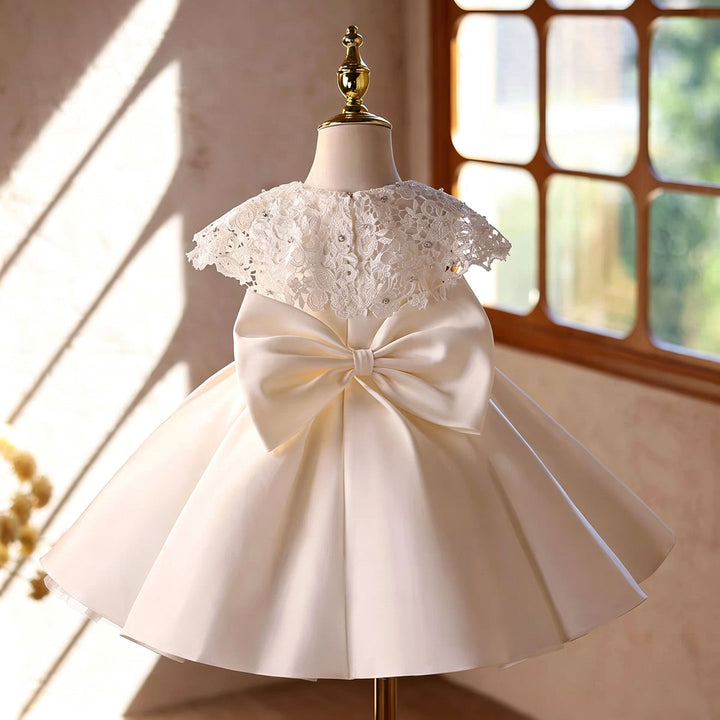D295 off white satin flower girl dress side