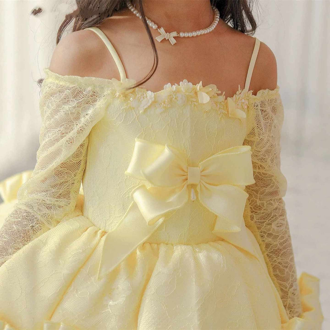 D296 yellow lace-up back flower girl dress detail