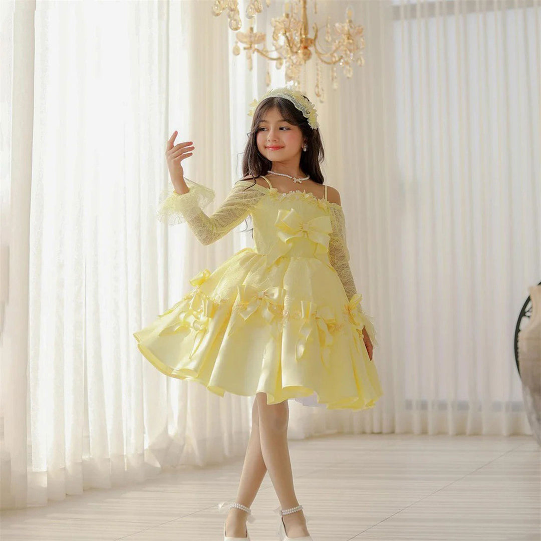 D296 yellow lace sleeve flower girl dress front
