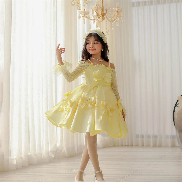 D296 yellow lace sleeve flower girl dress front