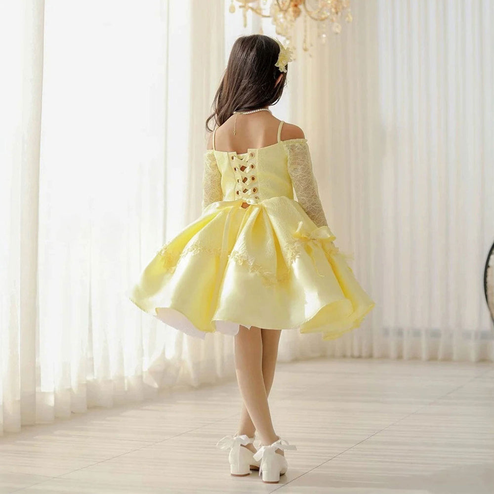 D296 yellow off shoulder flower girl dress model