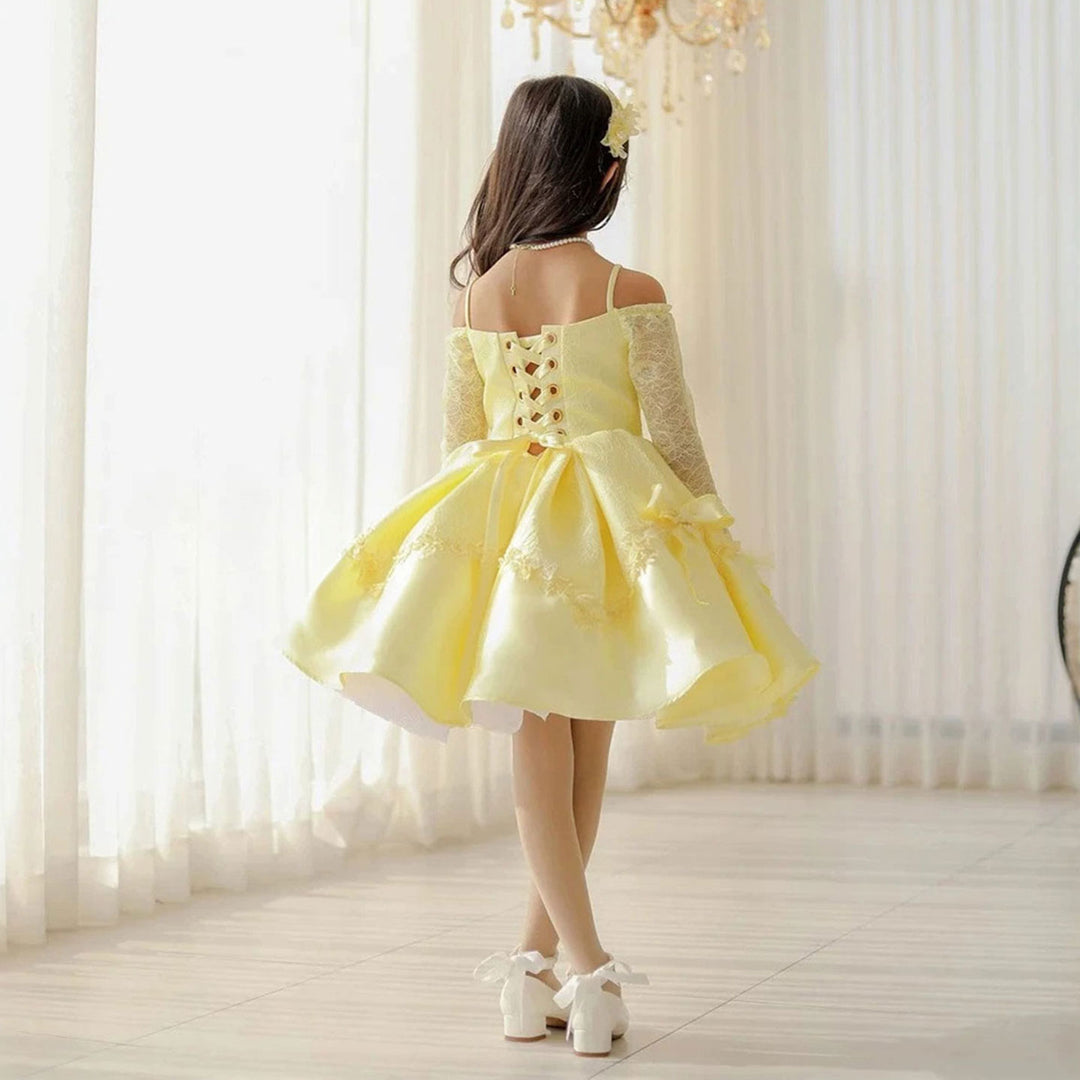 D296 yellow off shoulder flower girl dress model