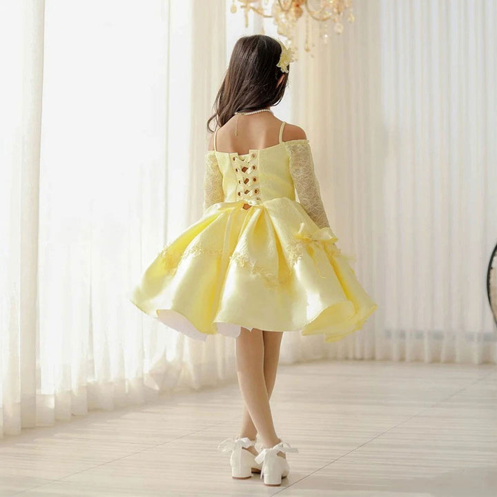 D296 yellow off shoulder flower girl dress model