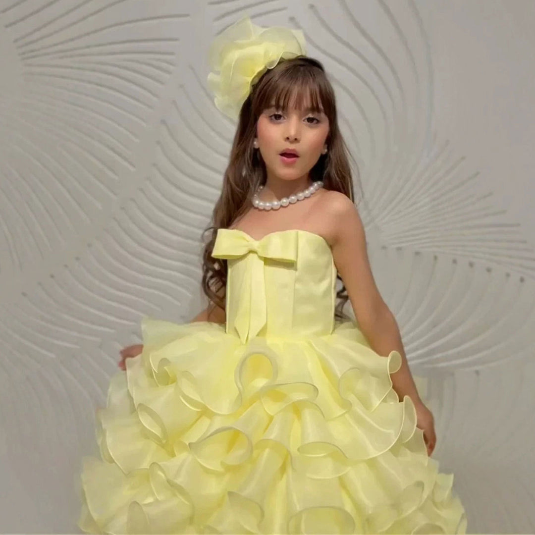 D297 yellow organza ruffle flower girl dress