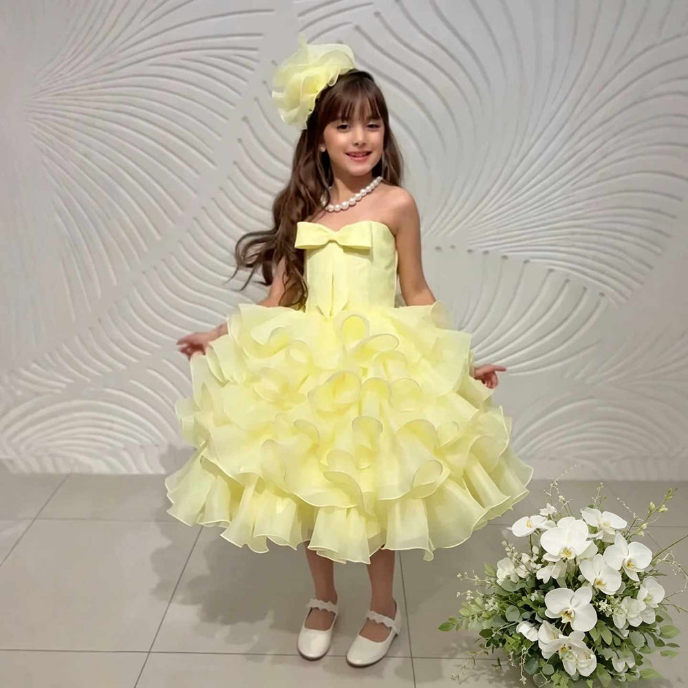 D297 yellow tiered ruffle flower girl dress model