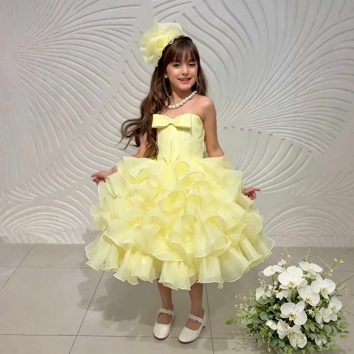 D297 yellow tiered ruffle flower girl dress model