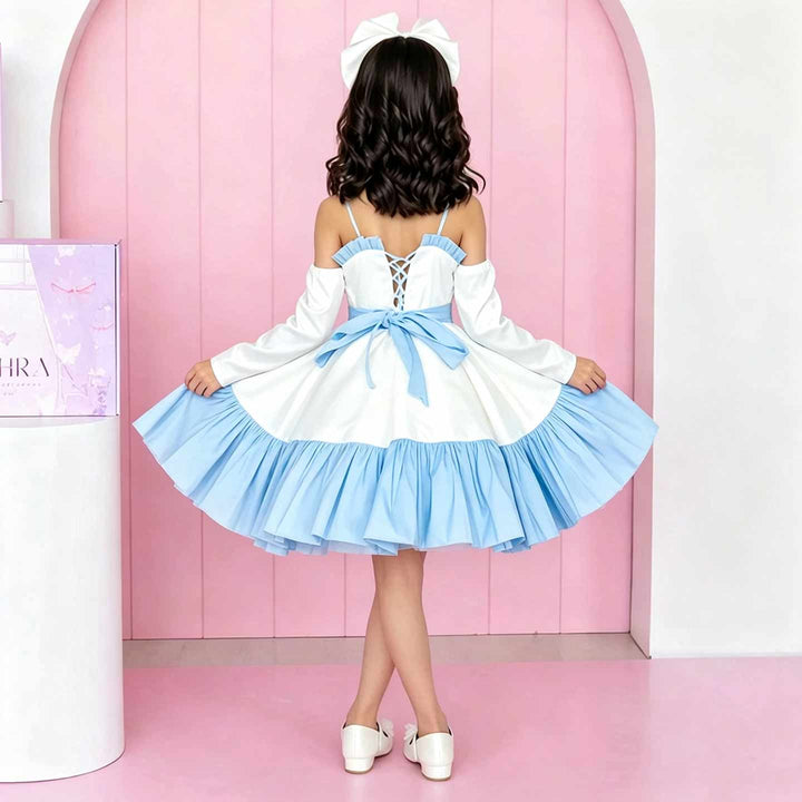 D298 blue flower girl dress back