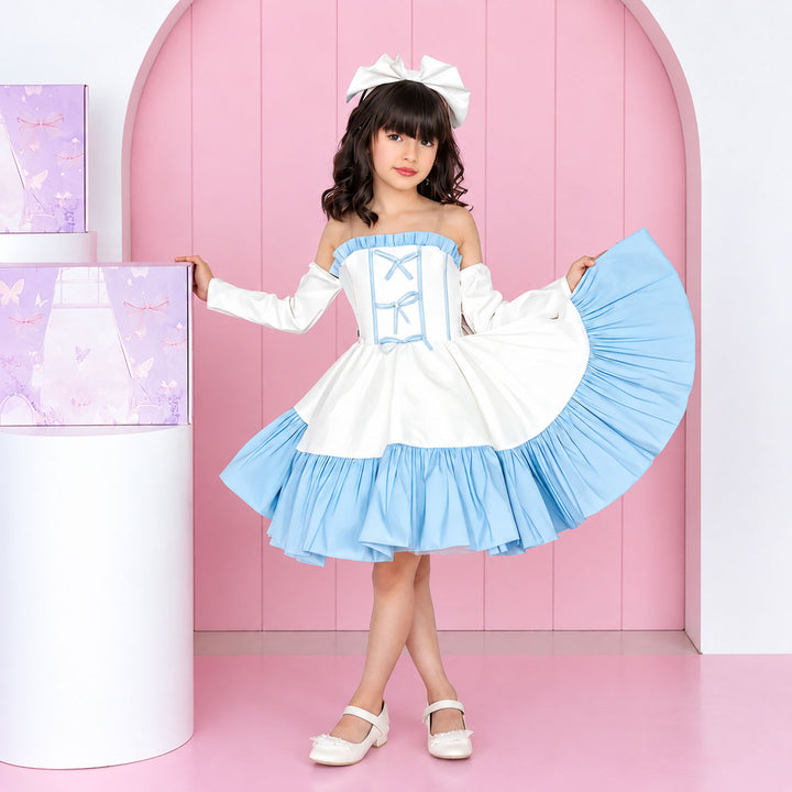 D298 blue ruffle flower girl dress front