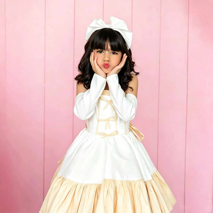 D298 champagne flower girl dress bodice detail