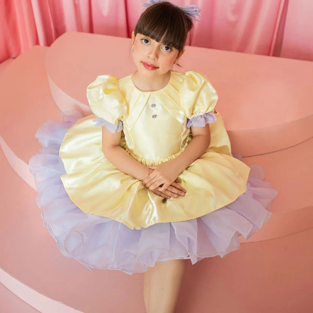 D299 yellow satin flower girl dress front view
