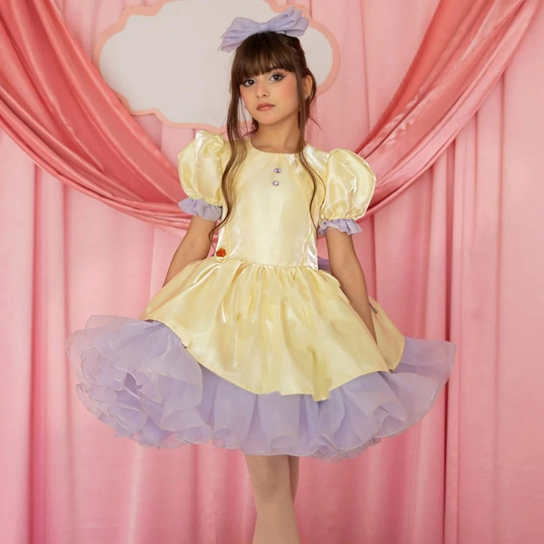 D299 yellow and lavender short flower girl dress