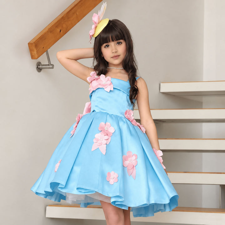 Blue floral satin short flower girl dress D300
