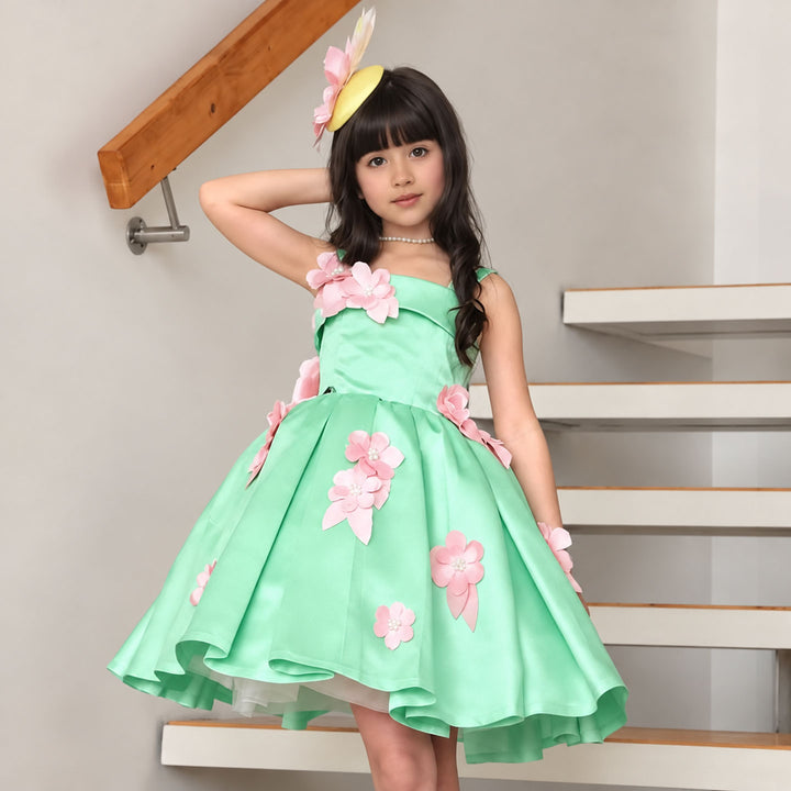 Green floral satin short flower girl dress D300
