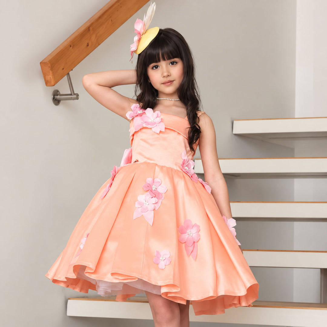 Peach floral satin short flower girl dress D300