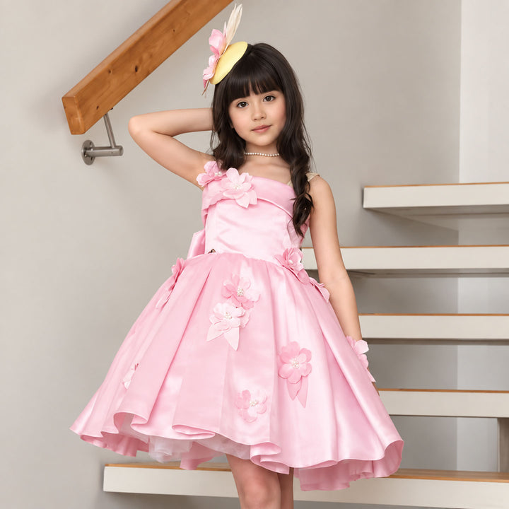 Pink floral satin short flower girl dress D300