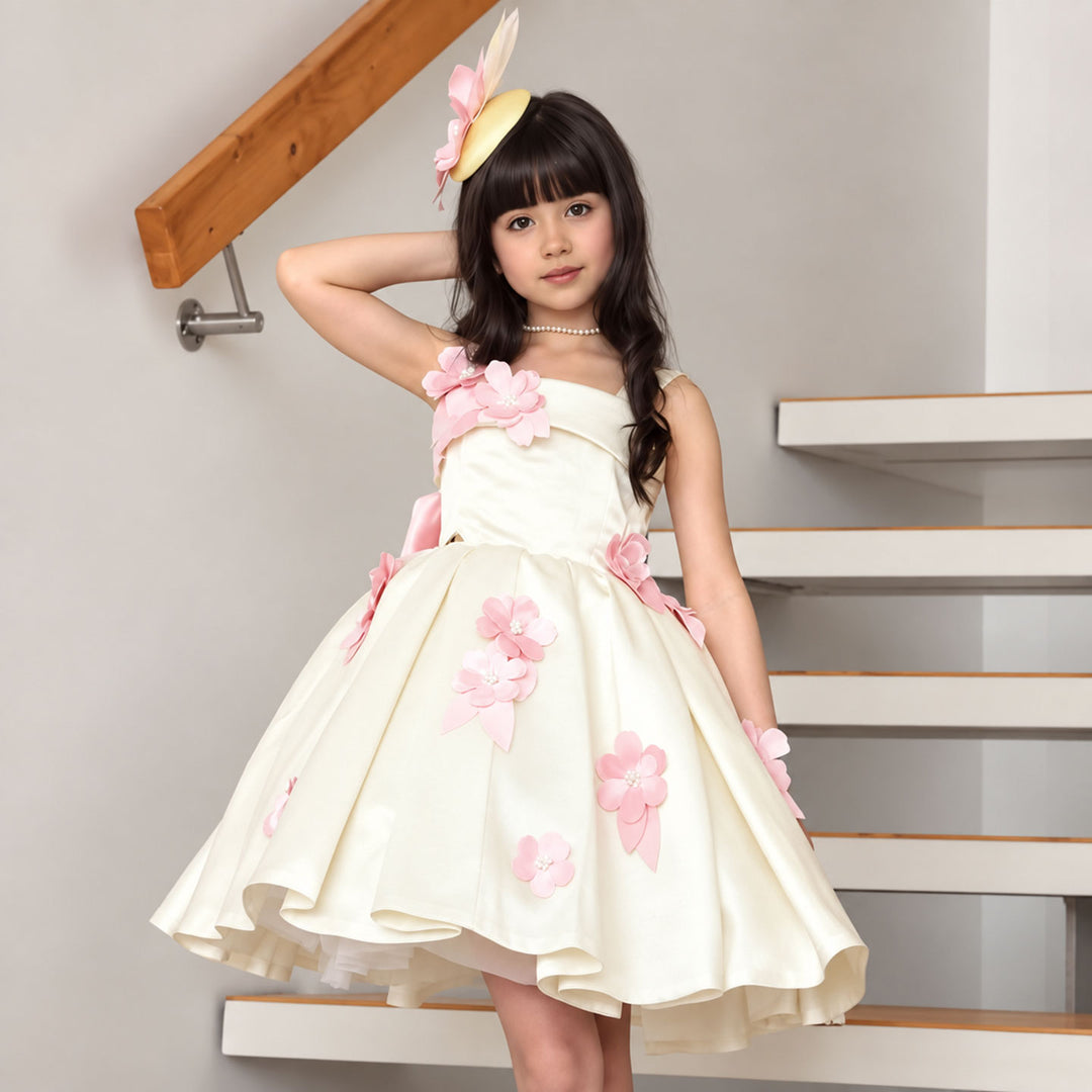 White floral satin short flower girl dress D300