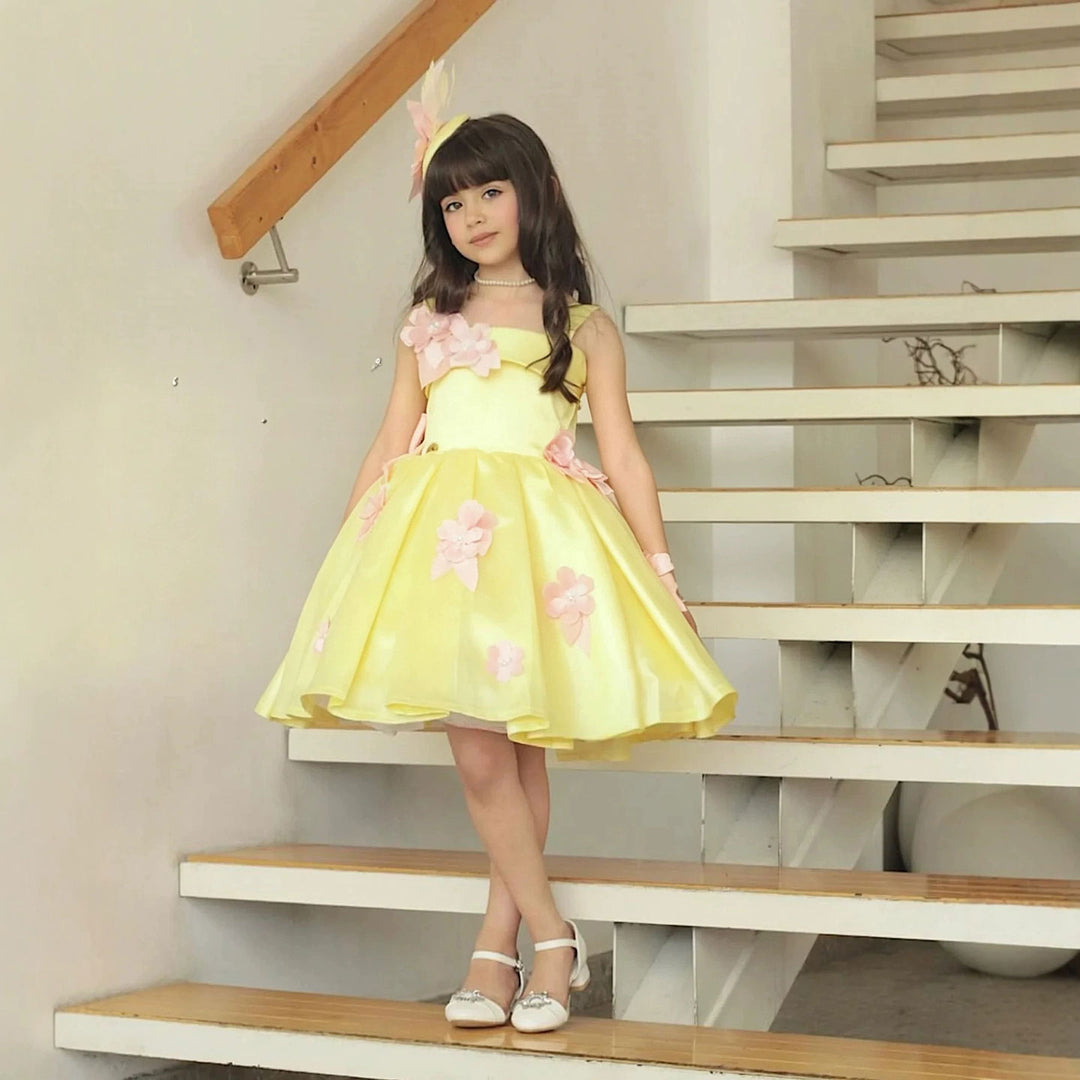 Yellow floral satin short flower girl dress D300 back view