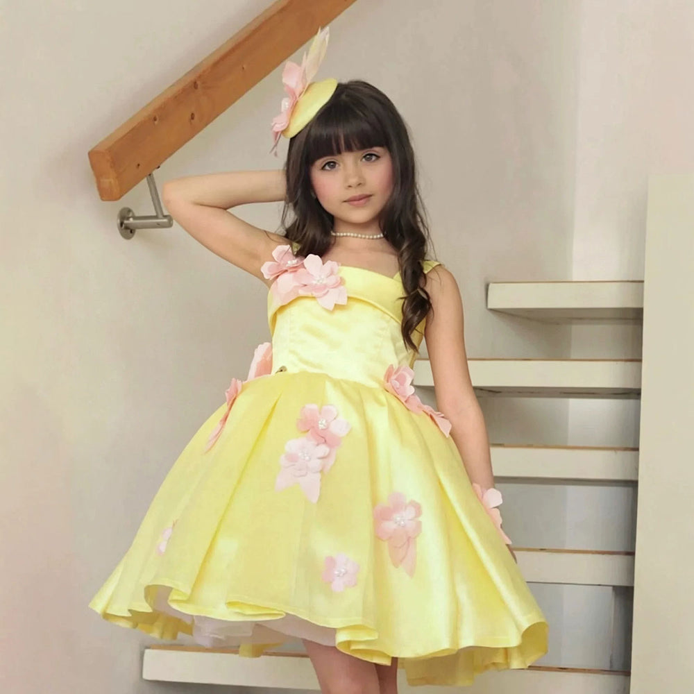 Yellow floral satin short flower girl dress D300 detail