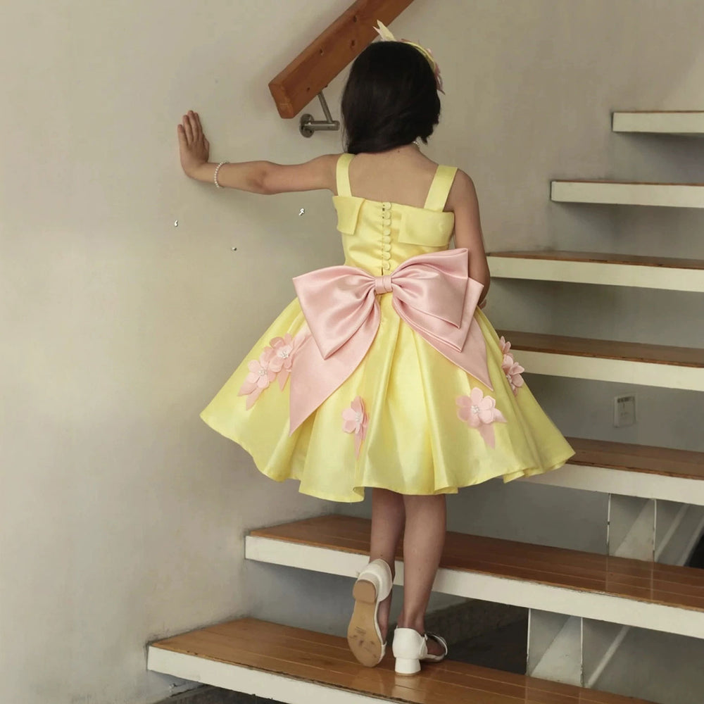 Yellow floral satin short flower girl dress D300 front view