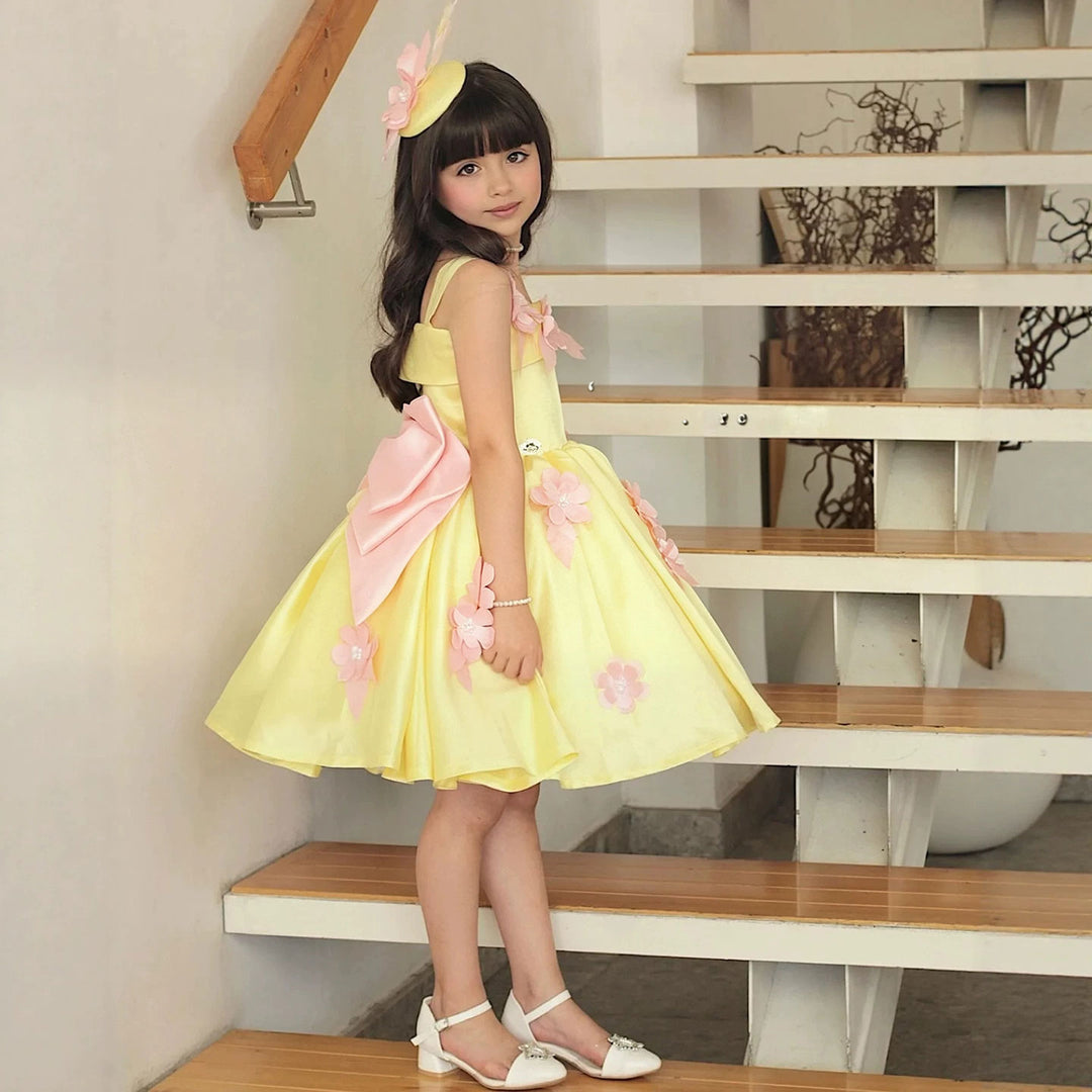 Yellow floral satin short flower girl dress D300 model view