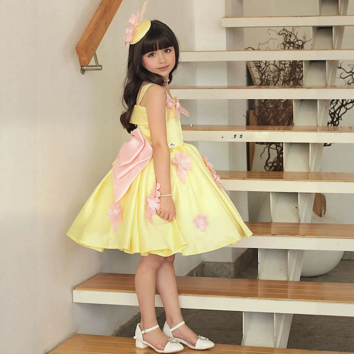 Yellow floral satin short flower girl dress D300 model view