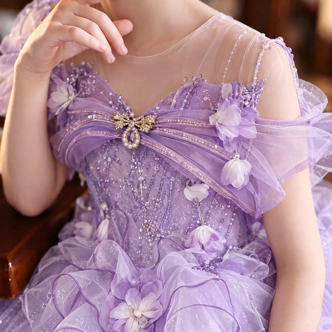 Dreamy Vow D308 Lilac girls formal gown, neckline detail