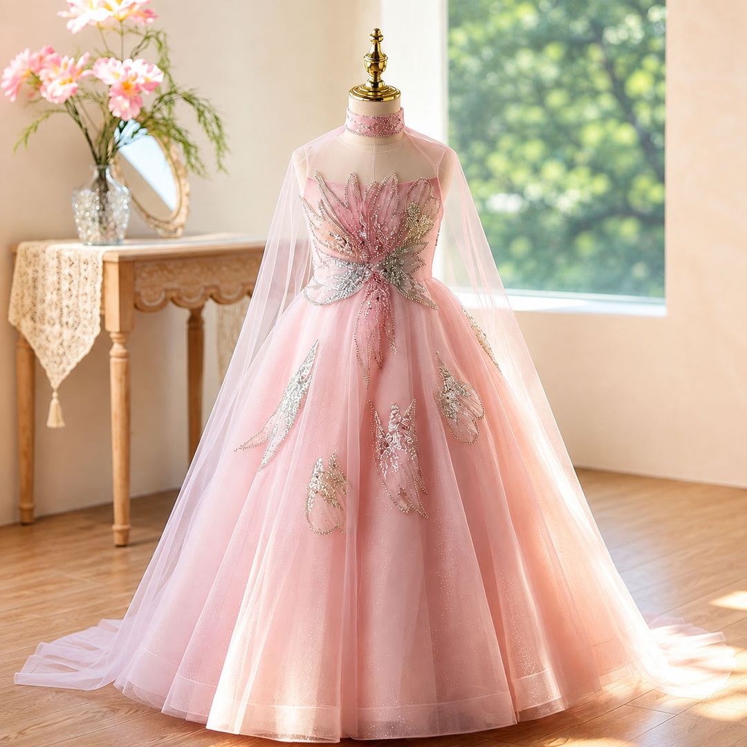 D365 pink beaded flower girl dress with cape