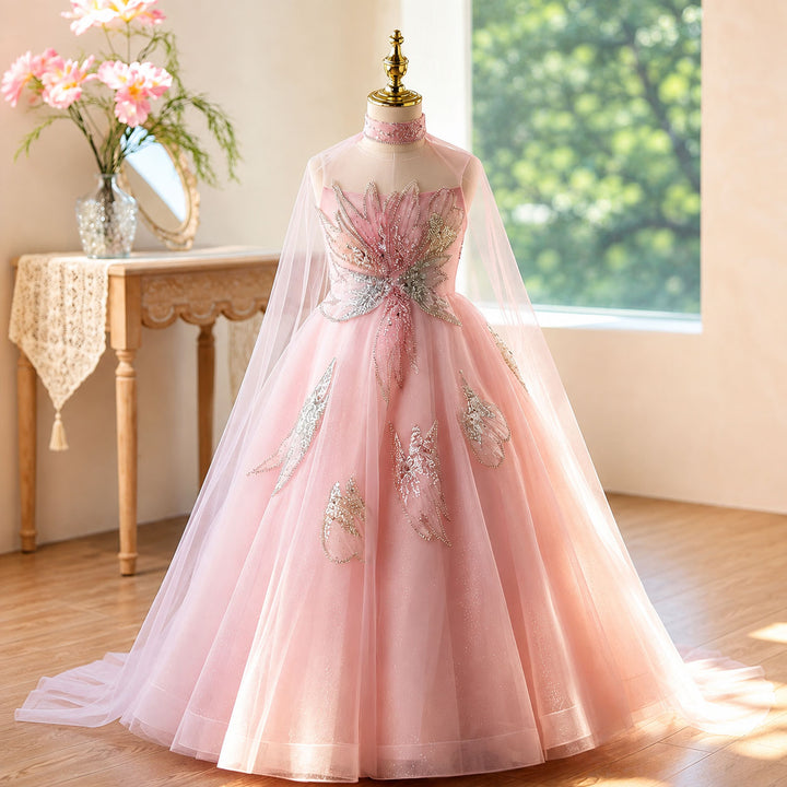 D365 pink beaded flower girl dress with cape