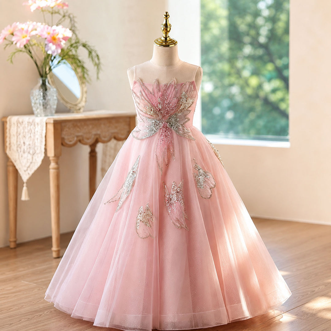 D365 pink butterfly flower girl dress front