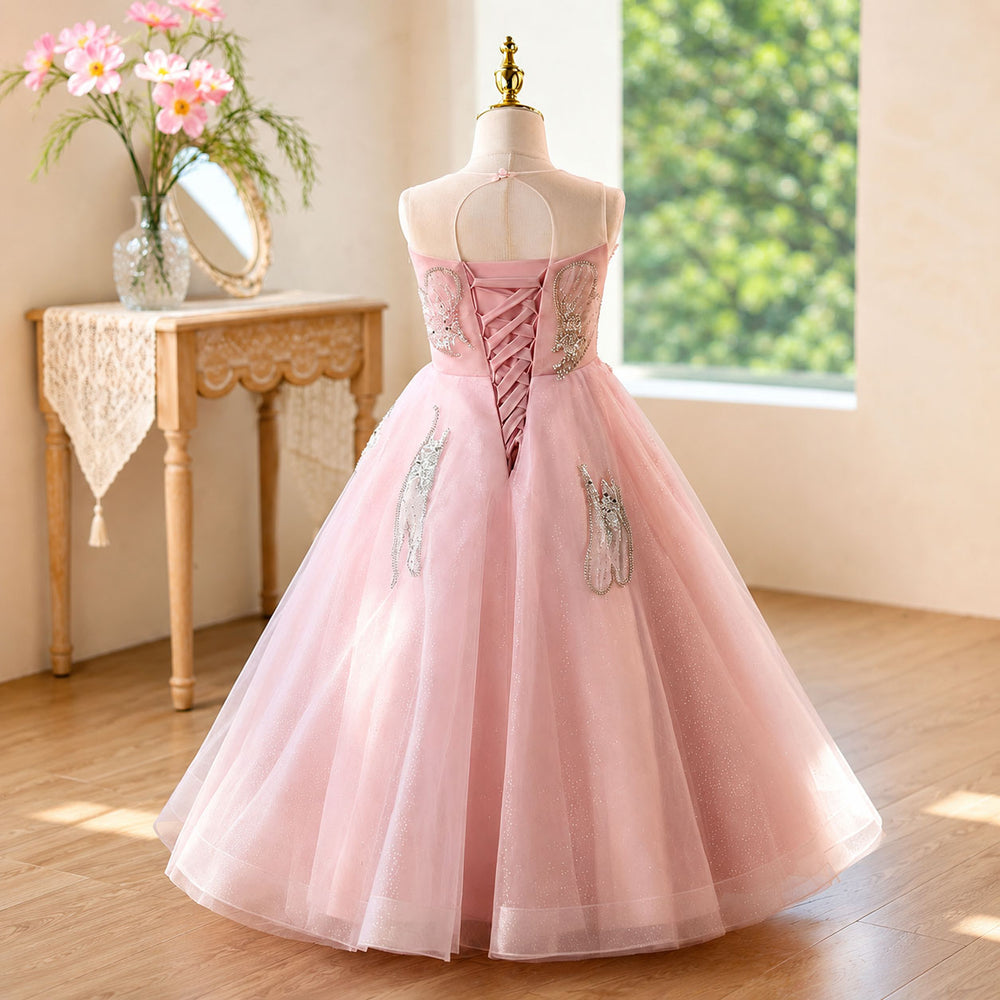 D365 pink lace-up flower girl dress back