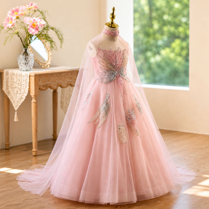 D365 pink tulle cape flower girl dress side
