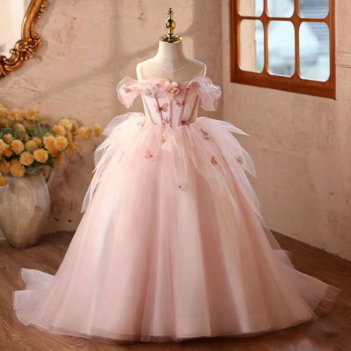 Pink butterfly applique flower girl dress D366 bodice detail