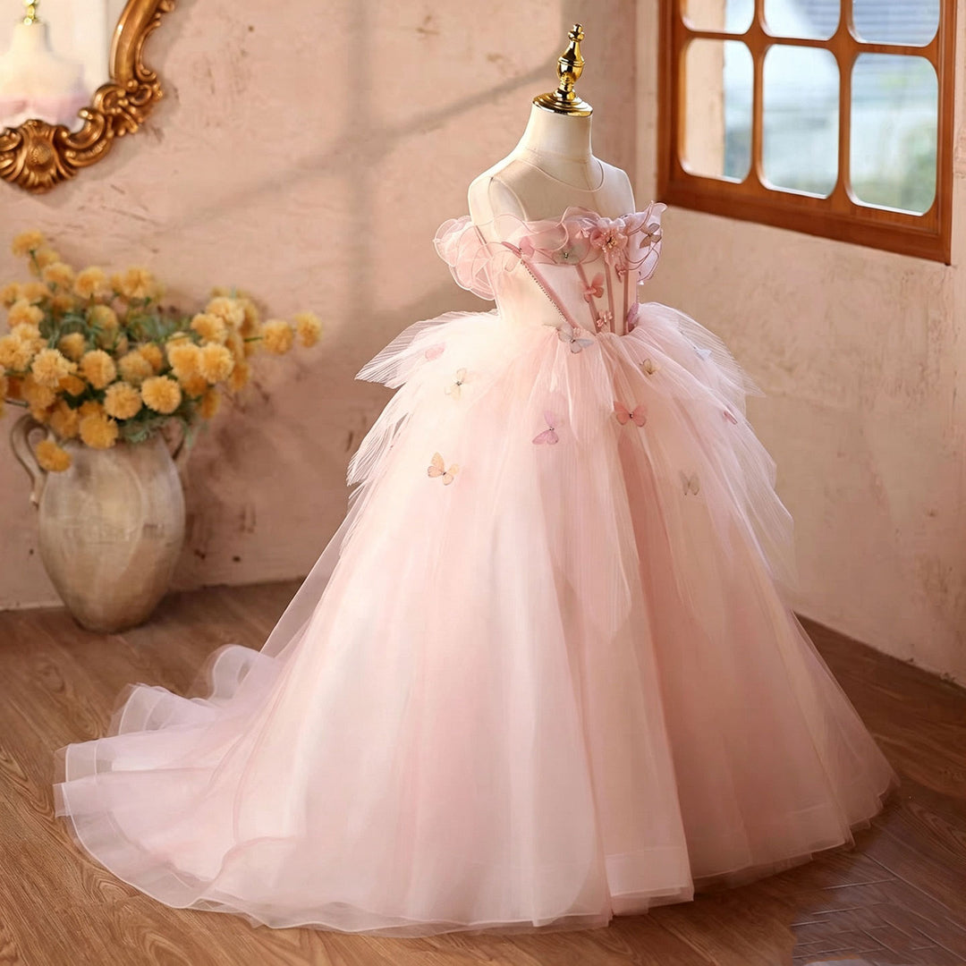 Pink butterfly applique flower girl dress D366 model pose